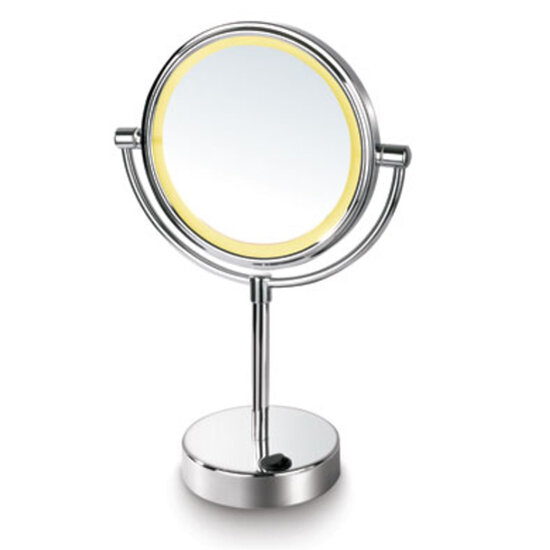 Afina Cosmetic Mirror Collection 7" Diameter Round 360° LED Lighted Table Makeup Double Sided Mirror, Battery Operated, Polished Chrome