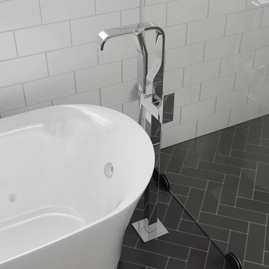Alfi brand Polished Chrome Single Lever Floor Mounted Tub Filler Mixer w Hand Held Shower Head, 7-7/8'' D x 42'' H