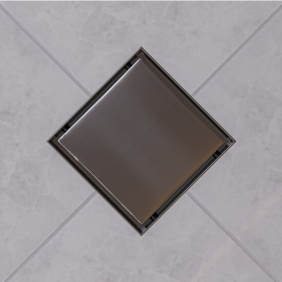 ALFI brand Modern Square Shower Drain with Solid Cover, 5-1/4'' W x 5-1/4'' D x 3-1/4'' H, 5'' x 5'' Drain w/ Cover Polished S/ Steel, Installed Overhead View
