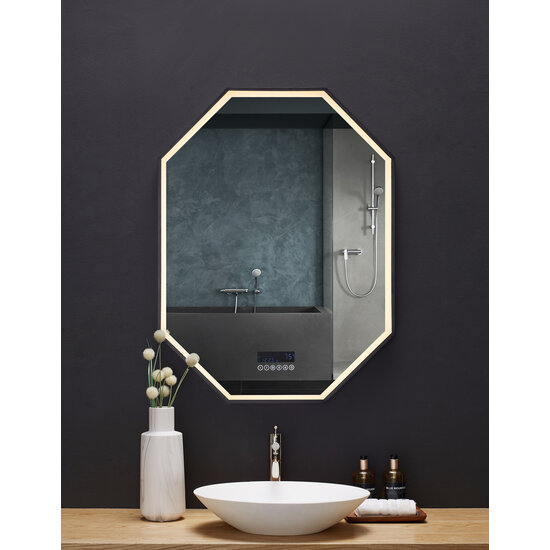 Ancerre Designs Otto 24'' W x 40'' H LED Octagon Black Framed Mirror with Bluetooth and Digital Display, 110V, 2800 & 6000K Color Temperature, LED On Warm Front View