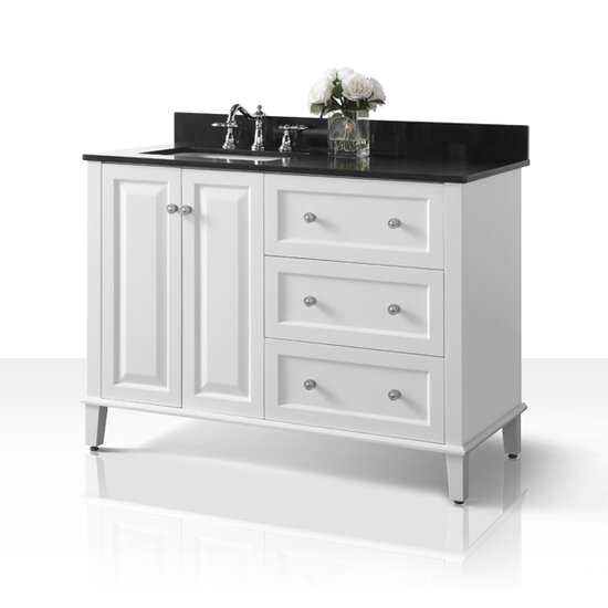 Ancerre Designs Hannah 48'' Off Centered Left Basin Vanity Set in White with Black Granite Vanity top, 48''W x 22''D x 34-1/2''H