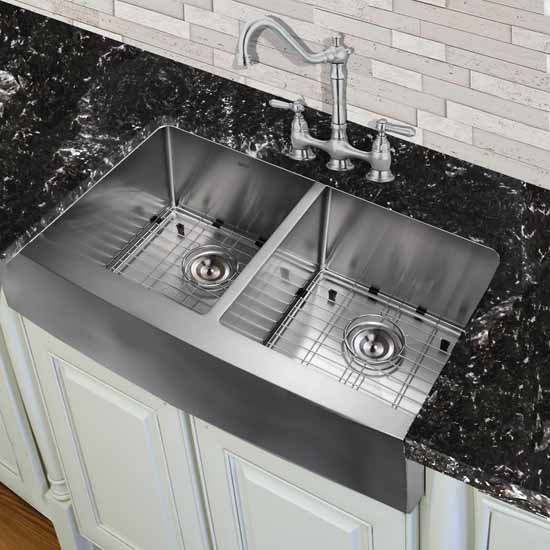 Nantucket Sinks Pro Series Double Bowl Farmhouse Apron Front Stainless Steel Kitchen Sink, 33"W x 22-1/4"D x 10"H