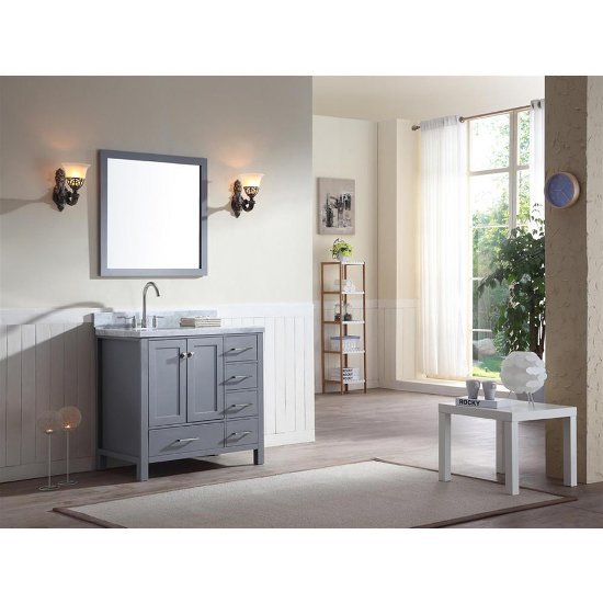 No Mirror ARIEL 37 inch Left Offset Rectangle Sink Midnight Blue Bathroom Vanity Cabinet with Carrara White Marble Counter-top 2 Soft Closing Doors and 5 Full Extension Dovetail Drawers