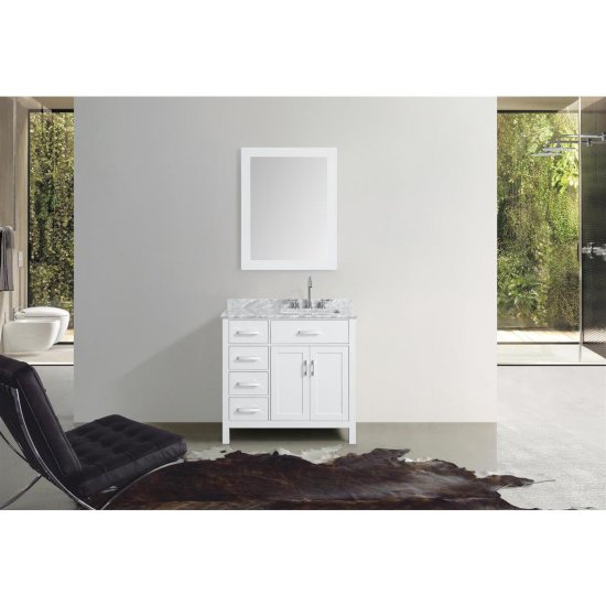DKB 37 Inch Beckford Series Right Offset Single Sink Bathroom Vanity Set In White With Carrara White Marble Countertop