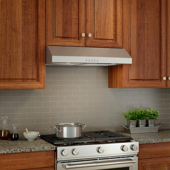 Broan Glacier BCSQ Series 30'' Convertible Under Cabinet Range Hood, 375 Max Blower CFM, 1.5 Sones, Stainless Steel, LED Light, Installed Angle View