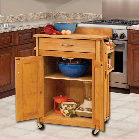 Catskill Craftsmen Deluxe Butcher Block Cart with Flat Panel Doors and Backsplash in Oiled Finish, Casters, 26-7/8" W x 17-3/4" D x 37" H