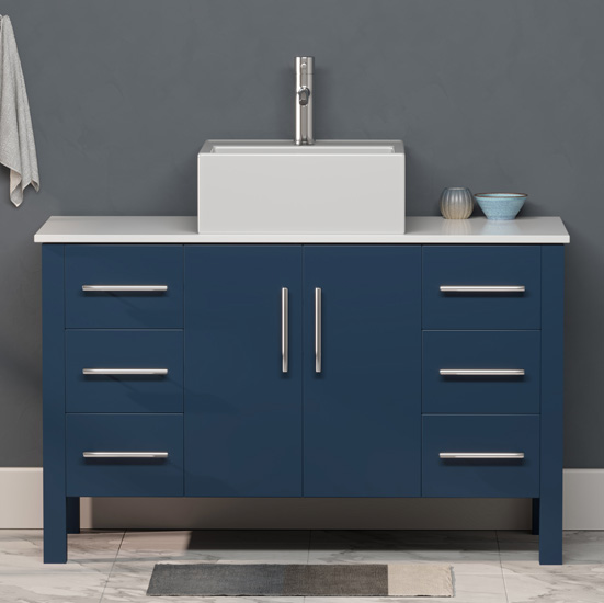 Cambridge Plumbing 48'' W Solid Wood Single Vanity in Blue, White Porcelain Countertop with Rectangle White Porcelain Vessel Sink, Polished Chrome Faucet