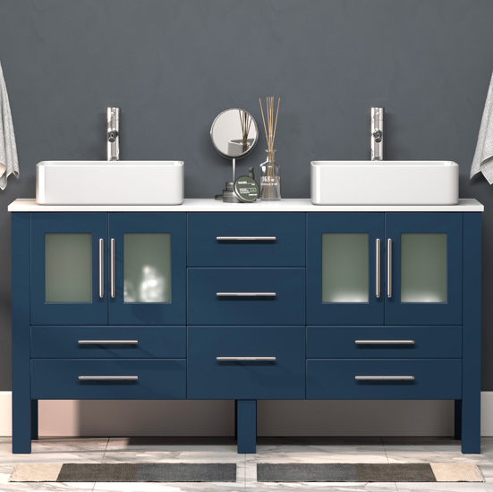 Cambridge Plumbing 63'' W Solid Wood Double Vanity in Blue, White Porcelain Countertop with (2) White Porcelain Rectangle Vessel Sinks, (2) Polished Chrome Faucets