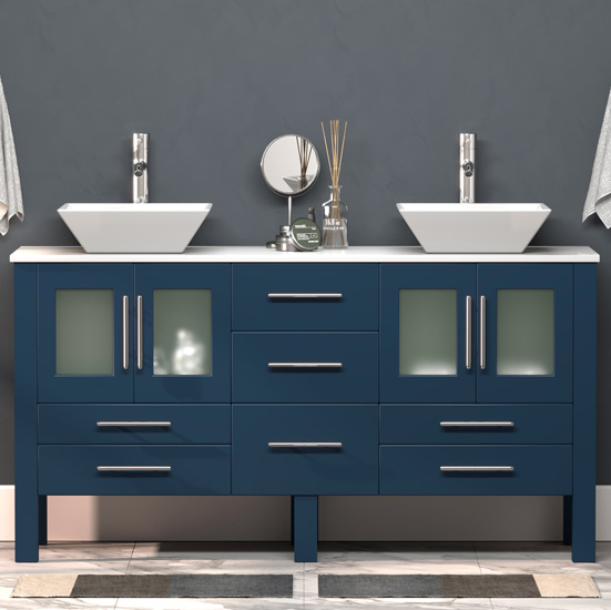 Cambridge Plumbing 63'' W Solid Wood Double Vanity in Blue, White Porcelain Countertop with (2) White Porcelain Trim Design Vessel Sinks, (2) Polished Chrome Faucets