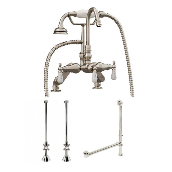 Cambridge Plumbing Complete Plumbing Package for Deck Mount Bathtub, Brushed Nickel - Includes English Telephone Gooseneck Faucet w/ Hand Held Shower, Supply Lines w/ Shut Off Valves, Drain and Overflow Assembly