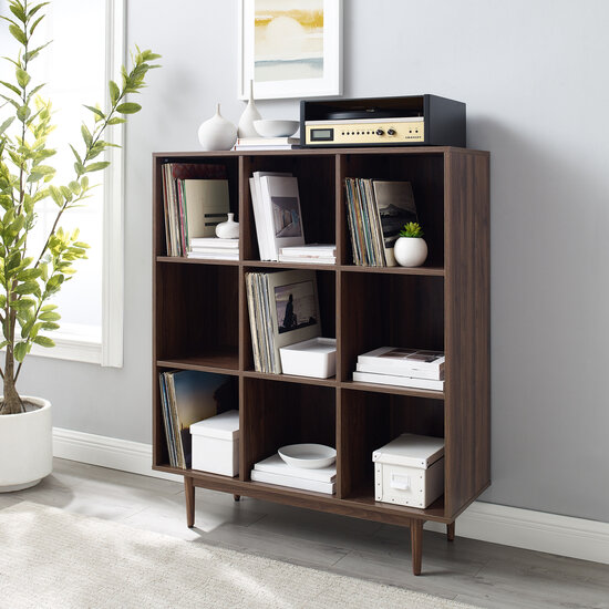 Crosley Furniture  Liam 9 Cube Bookcase In Walnut, 42-1/4'' W x 15-3/4'' D x 49-1/2'' H