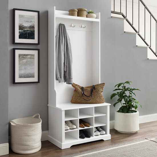 Crosley Furniture  Anderson Shoe Storage Hall Tree In White, 28'' W x 15'' D x 66-1/4'' H