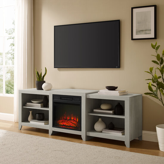 Crosley Furniture Ronin 69'' Low Profile Tv Stand W/Fireplace In Whitewash, 69'' W x 15-3/4'' D x 23-1/4'' H