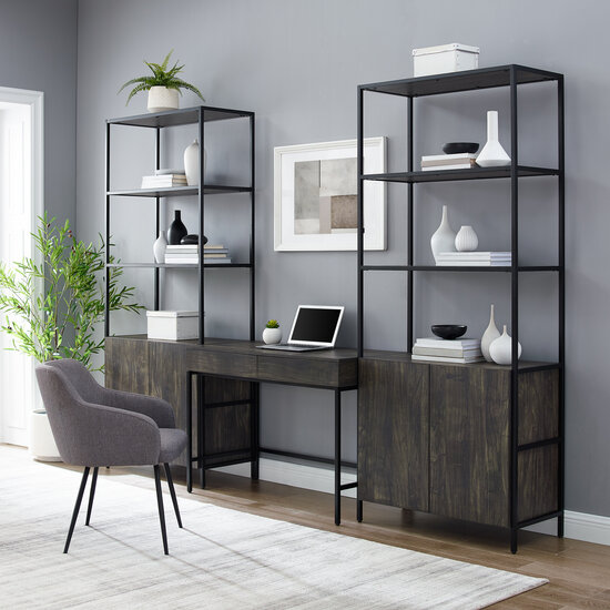 Crosley Furniture  Jacobsen 3Pc Desk And Etagere Set- Desk & 2 Large Etageres In Brown Ash, 111'' W x 20'' D x 80-1/2'' H