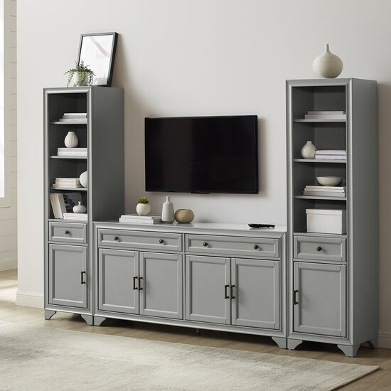 Crosley Furniture Tara 3Pc Entertainment Set- Sideboard & 2 Bookcases In Distressed Gray, 97'' W x 15'' D x 67-5/8'' H