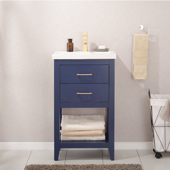 Design Element Cara 20'' Single Sink Vanity In Blue with Porcelain Countertop, Installed View