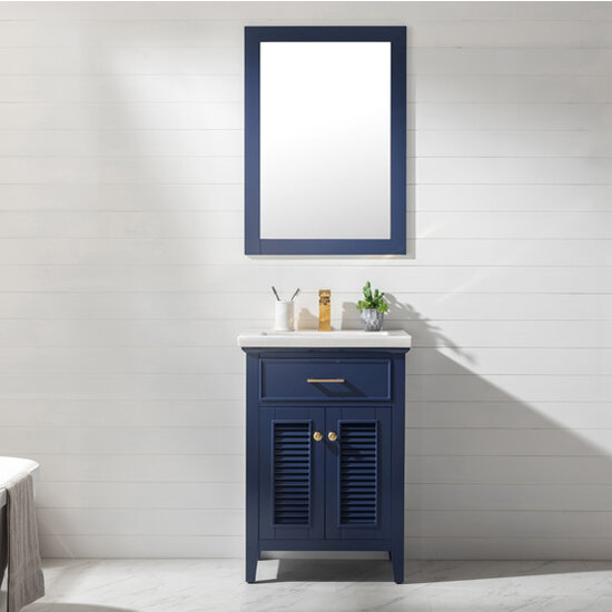 Design Element Cameron 24'' Single Sink Vanity In Blue with Porcelain Countertop, Installed View