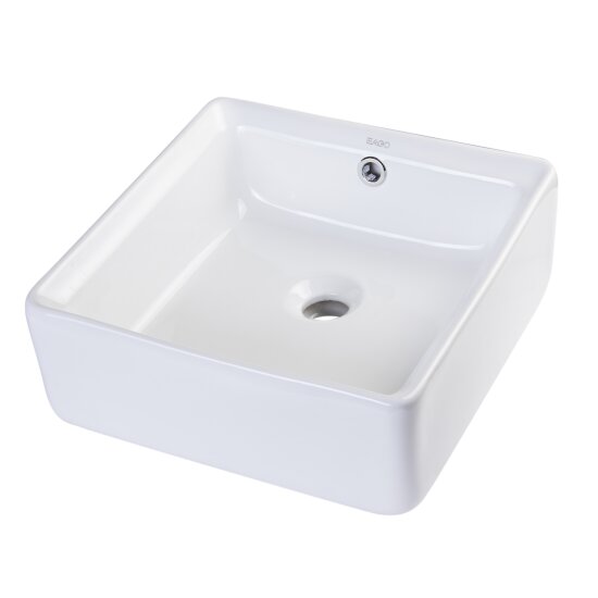 EAGO 15" Square Ceramic Above Mount Bathroom Basin Vessel Sink in White, 15" W x 15" D x 6-1/8" H