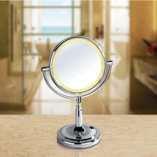 Empire Lighted Table Top Round 360° Swivel Cosmetic Mirror 8" Diameter, 5X Magnification, Battery Operated in Polished Chrome