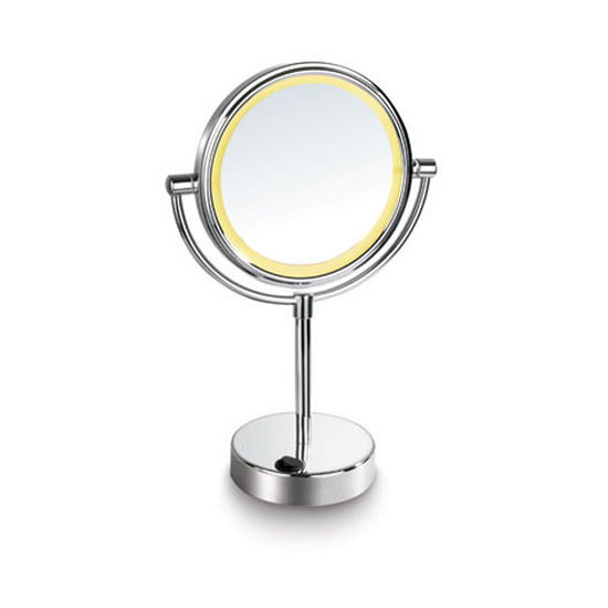 Empire Lighted Table Top Round 360° Swivel Cosmetic Mirror 7" Diameter, 5X Magnification, Battery Operated in Polished Chrome