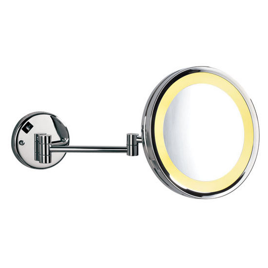 Empire Lighted Wall Mount Round 360° Swivel Cosmetic Mirror 10" Diameter with Extending Arm, 5X Magnification in Polished Chrome