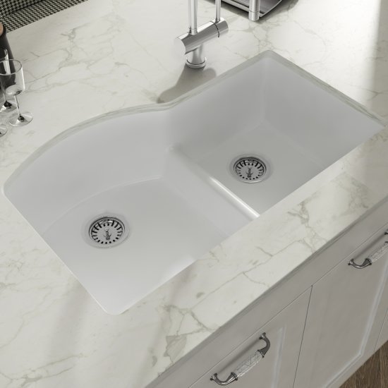 Empire Industries Yorkshire Undermount Fireclay 33" Double Bowl D-Shape Kitchen sink in White, 33" W x 21" D x 9-13/16" H