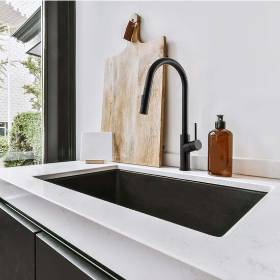 Houzer Kevali Series Matte Black Single Handle Pull-Down Kitchen Faucet, Matte Black In Use Kitchen View