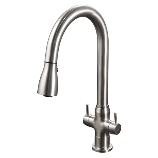 Houzer Dual Handle Pull Down Kitchen Faucet with 3-Function Head, Brushed Nickel