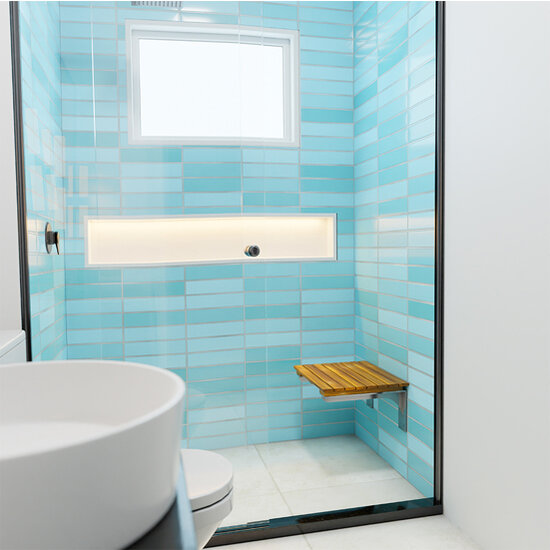 Federal Brace Teak Shower Bench System with Wall Mounted Georgian Stainless Steel Support, Load Capacity: 500 lbs, In Use Bathroom View