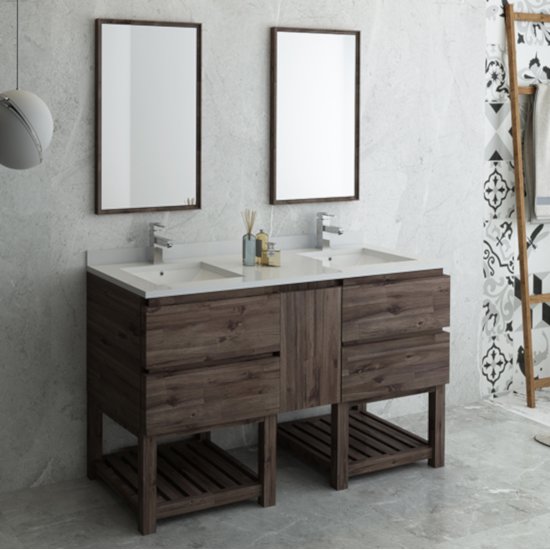 Fresca Formosa 60" Floor Standing Double Sink Modern Bathroom Vanity Set w/ Open Bottom & Mirrors, Base Cabinet: 60" W x 20-3/8" D x 34-7/8" H