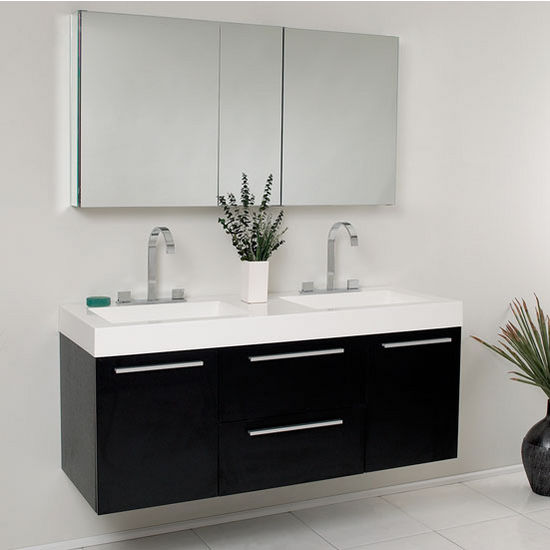Fresca Opulento 54" Black Modern Wall Mounted Double Sink Bathroom Vanity with Medicine Cabinet, Dimensions of Vanity: 54" W x 18-5/8" D x 23-1/2" H
