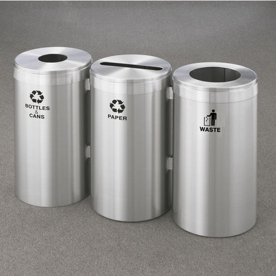 Glaro 3X RecyclePro Value Series Linear Modular 45 Gallon Capacity Connected Recycling Receptacle Stations, 12" Diameter Triple Unit (Bottle, Paper and Waste) in Satin Aluminum Finish