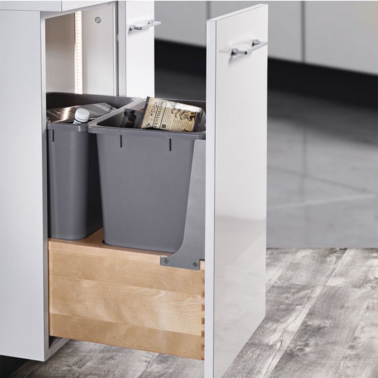 Hafele Built-In Double Pull-Out Bottom Mount Waste Bin with Soft & Silent Grass Elite Slides, Birch Wood Frame with Gray Bins