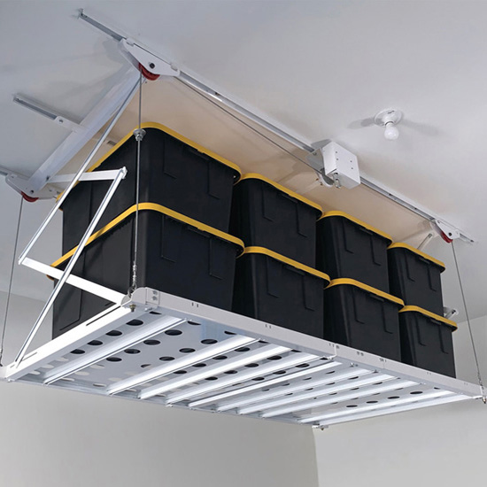 Hafele Syzzor Loft Garage Ceiling Storage System in White with Hand Crank, 2.1m (7') x 1.2m (4') D, Load Capacity 800 lbs.