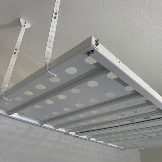 Hafele Super Pro Garage Ceiling Storage System in White, 2.1m (7') x 1.2m (4') D, Load Capacity 800 lbs.