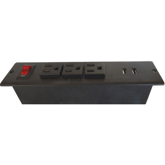 Hafele Power/ Data Bar – Triple Outlet & 2 USB Charging Ports, Surface Mount, 10' Power Cord, Plastic, Black