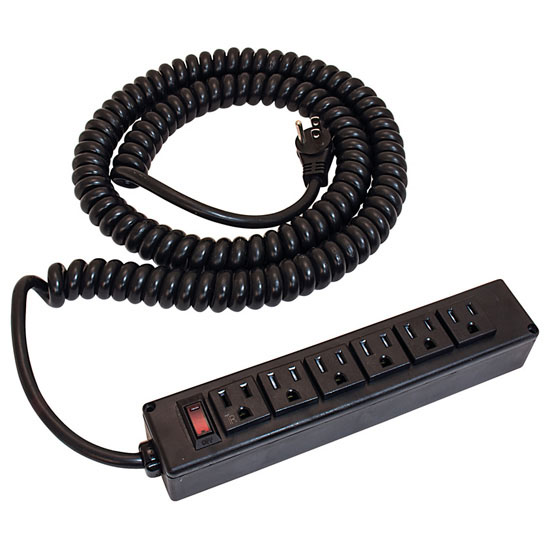 Hafele Power Strip, 6 Outlet, with Spiral Power Cord, Plastic, Black