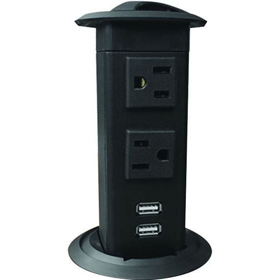 Hafele Pop-Up Power Station, with 6' Power Cord, 2 AC Outlets, 2 USB Ports, Plastic, Black
