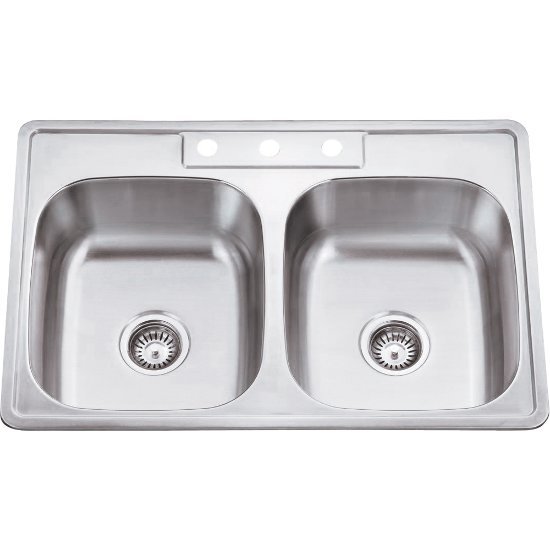 Hardware Resources 33" Wide Double Bowl 20 Gauge 304 Stainless Steel Drop In Kitchen Sink with Two Equal Bowls, 33" W x 22" D x 9" H