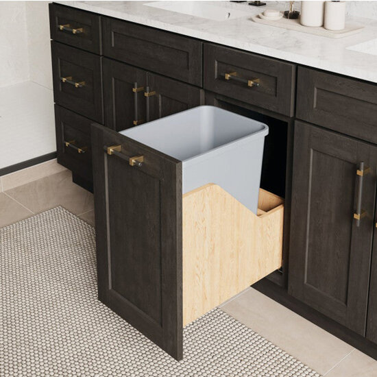 Hardware Resources CAN-WBMS35V Series White Birch Wood Bottom-Mount Soft-Close Bathroom Vanity Base Cabinet Rollout with Single 35 Quart Waste Bin, Base Unit w/ Grey Bin for Hinged Doors In Use Kitchen View