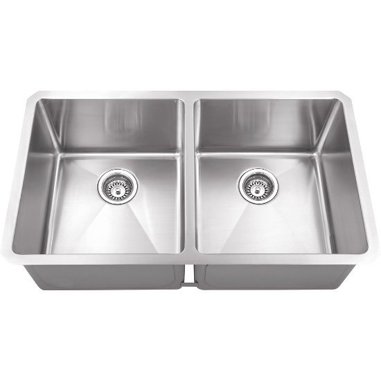 Hardware Resources 32" Wide Double Bowl 16 Gauge 304 Stainless Steel Fabricated Kitchen Sink, Bowl Measurements: 14-1/2" W x 17" D x 10" H, 32" W x 19" D x 10-3/8" H