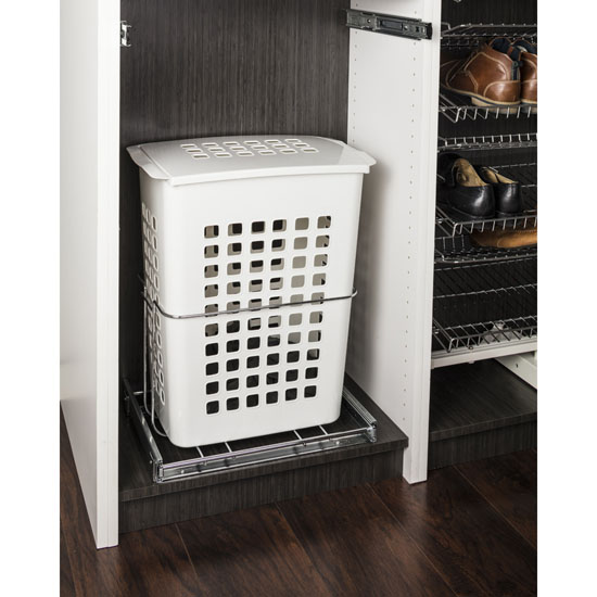 Hardware Resources Pullout Hamper with Lid and Full Extension Slides, White Plastic, Chrome Wire Pullout System, 19-3/16"W x 13-3/4"D x 22-11/16"H
