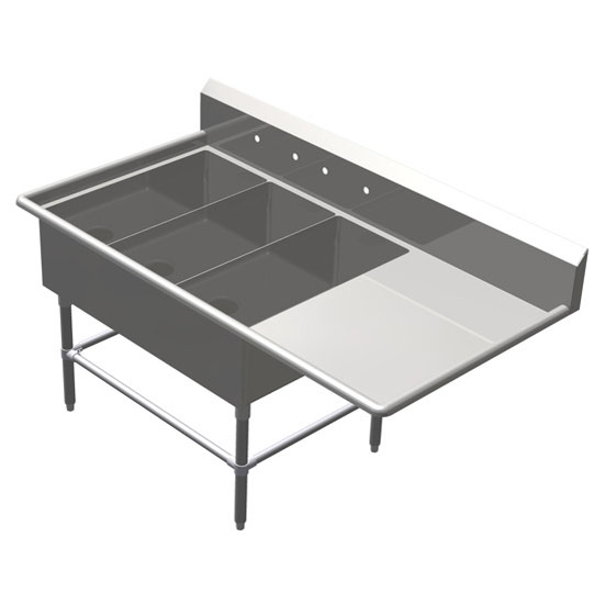 John Boos Pro Bowl NSF Platter Three Bowl Sink in Multiple Sizes with Drainboard, 16-Gauge Stainless Steel