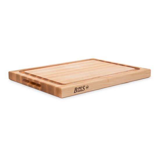 John Boos "R" Board w/ Groove Cutting Board, Northern Hard Rock Maple, Edge Grain, 20" W x 15" D x 1-1/2" Thick, Juice Groove (One Side), Reversible w/ Recessed Finger Grips, Boos Block Cream Finish w/ Beeswax
