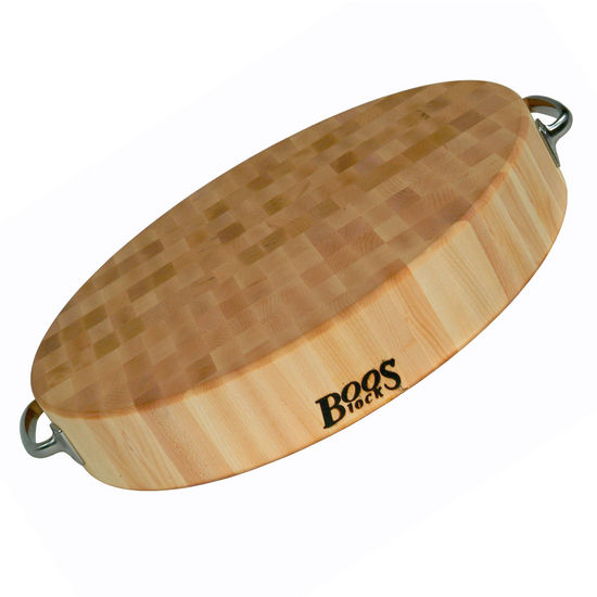 John Boos Gift Collection Non-Reversible Chopping Block 18'' Diameter x 3'' Thick, with Stainless Steel Accent Handles, Maple End Grain