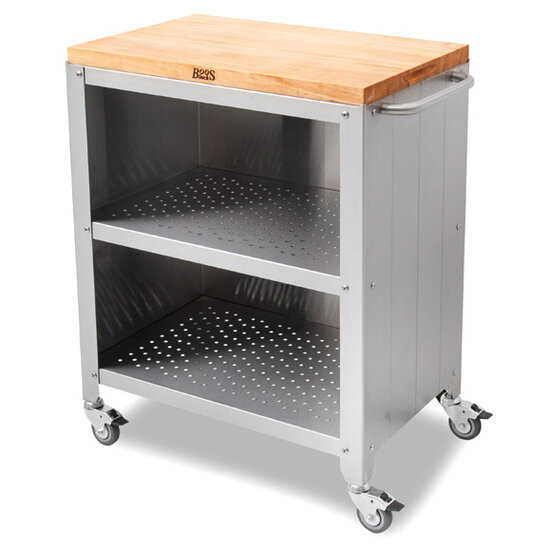 John Boos Formaggio Stainles Steel Kitchen Cart with Northern Hard Rock Maple Top, Edge Grain, Towel Bar, and Locking Casters