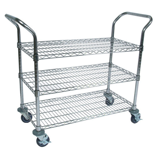 John Boos Chrome Utility Wire Bussing Cart 36" W x 18" D, 3-Shelves and Locking Casters with Bumpers 