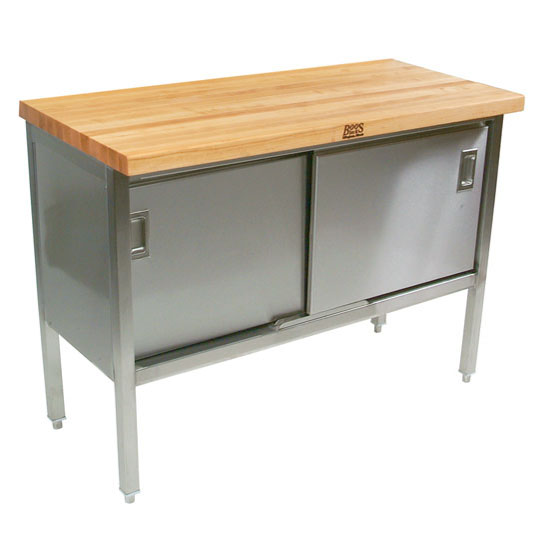 John Boos Stainless Steel Enclosed Table w/ 1-3/4" Thick Hard Rock Maple Top & Sliding Doors