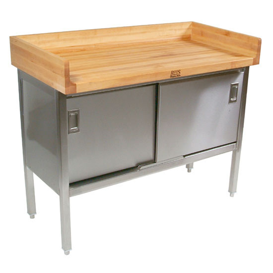 John Boos Stainless Steel Enclosed Table w/ 1-3/4" Thick Hard Rock Maple Top, Sliding Doors & 4" Riser - Rear & Both Ends
