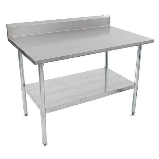 John Boos E-Series Economy Work Table with 18-Gauge Stainless Steel Top, 5" Riser, Galvanized Legs, Adjustable Shelf and Knocked Down